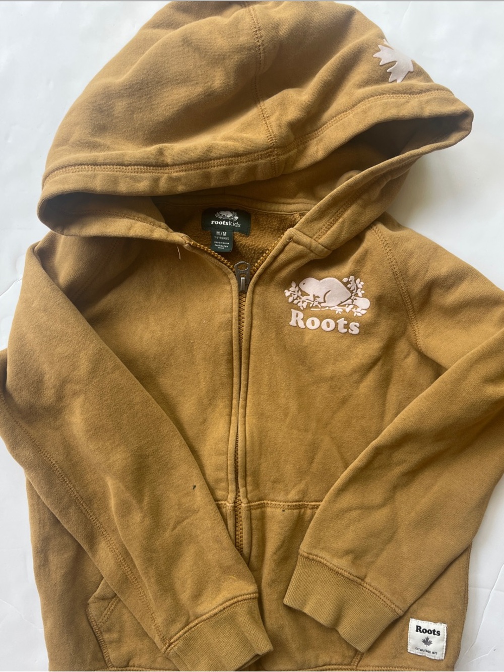 Roots size 7-8 Kids Mustard Brown Zip-Up Hoodie with White Logo